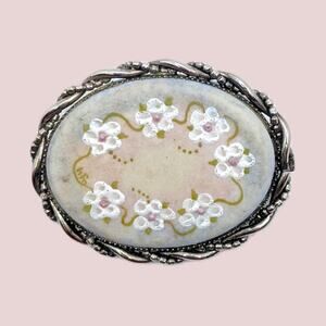 Hand Painted Oval Floral Brooch Porcelain Handmade Daisy Pin Vintage Artisan